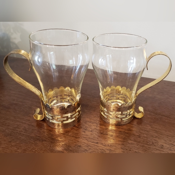 Vintage Other - Vintage Glass Mugs with Brass Bands and Handles